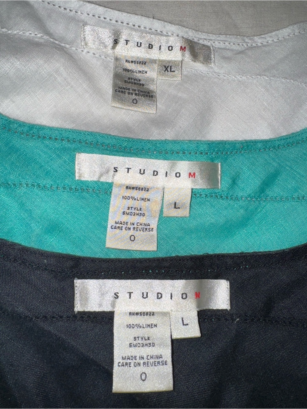 Studio M Linen Tops in Turquoise (L), White (XL), and Black (L)
